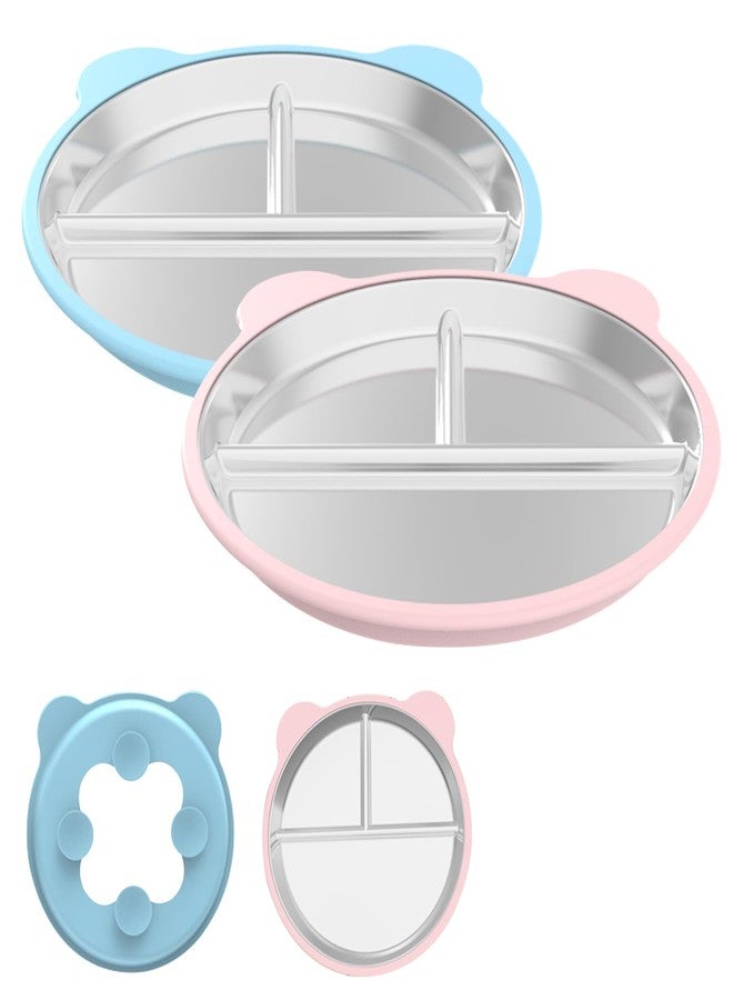 أو بيست طقم أوبيست من قطعتين من أطباق الأطفال المصنوعة من الفولاذ المقاوم للصدأ مع قاعدة تثبيت لاصقة، مناسبة للأطفال الصغار وفطام الأطفال، مزودة بأغطية سيليكون قابلة للإزالة ومقسمة إلى 9 بوصات، بتصميم أذن دب، مانعة للانزلاق، خالية من مادة BPA، آمنة للغسل في غسالة الأطباق، متوفرة باللونين الوردي والأزرق. - Image 1